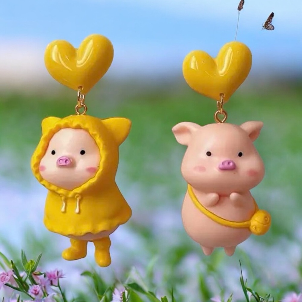 Charming Heart & 3D Piggy Mismatched‎ Drop Earrings - Versatile Accessories - Picture 8 of 11